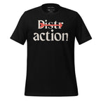A black t-shirt with a graphic text design that reads "Distr actions" with a red arrow pointing right, splitting the word "Distractions."