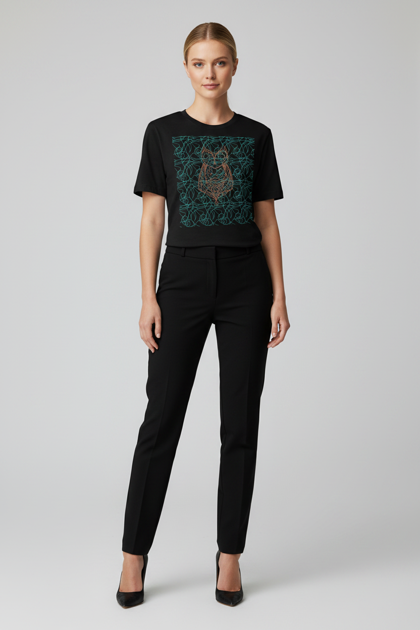 A woman modeling a black short-sleeve crewneck t-shirt with a dark teal and gold owl graphic on the front, paired with black trousers and black heels, against a light gray studio background.