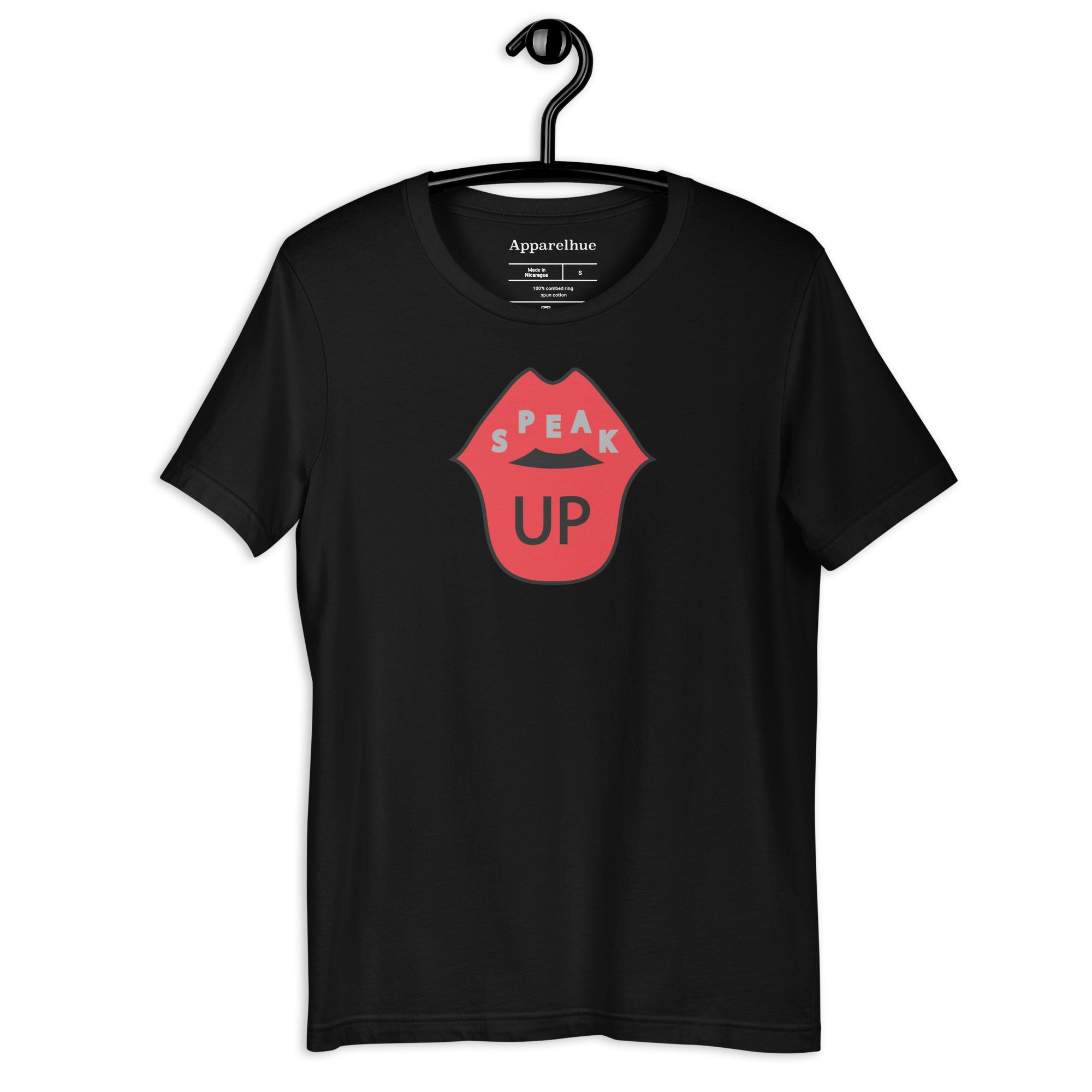 Black t-shirt featuring the bold 'Speak Up' slogan art print, ethical cotton apparel