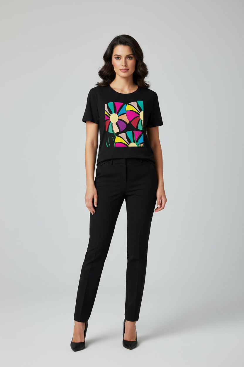 A woman modeling a black short-sleeve t-shirt with a colorful geometric graphic on the chest, paired with black trousers and black heels, against a light gray studio background.