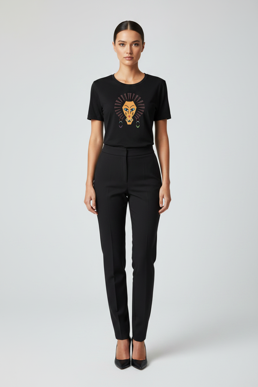 A woman modeling a black short-sleeve crewneck t-shirt with a stylized lion graphic on the chest, paired with black trousers and black heels, against a light gray studio background.