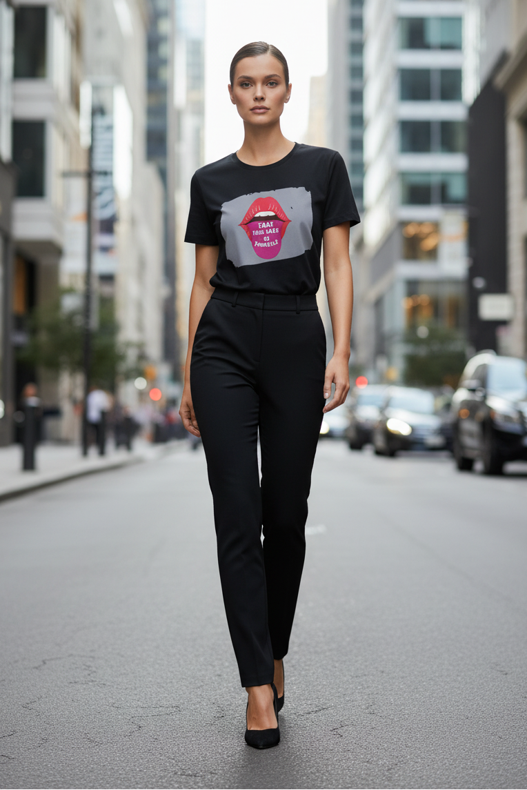 A woman walking down a city street wearing a black graphic t-shirt with a pink and gray lips design and black trousers.