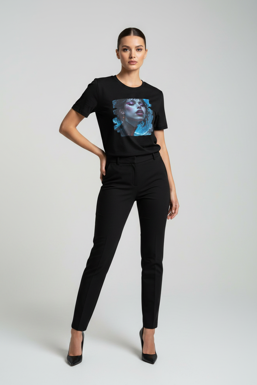 A model wearing a black short-sleeve graphic t-shirt with a blue-toned portrait print on the front, paired with black pants and black heels, against a light gray studio background.