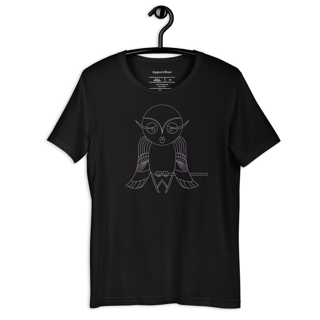 Purple ink detail on the white cotton owl graphic tee.