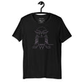 Purple ink detail on the white cotton owl graphic tee.
