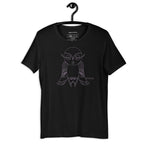 Purple ink detail on the white cotton owl graphic tee.
