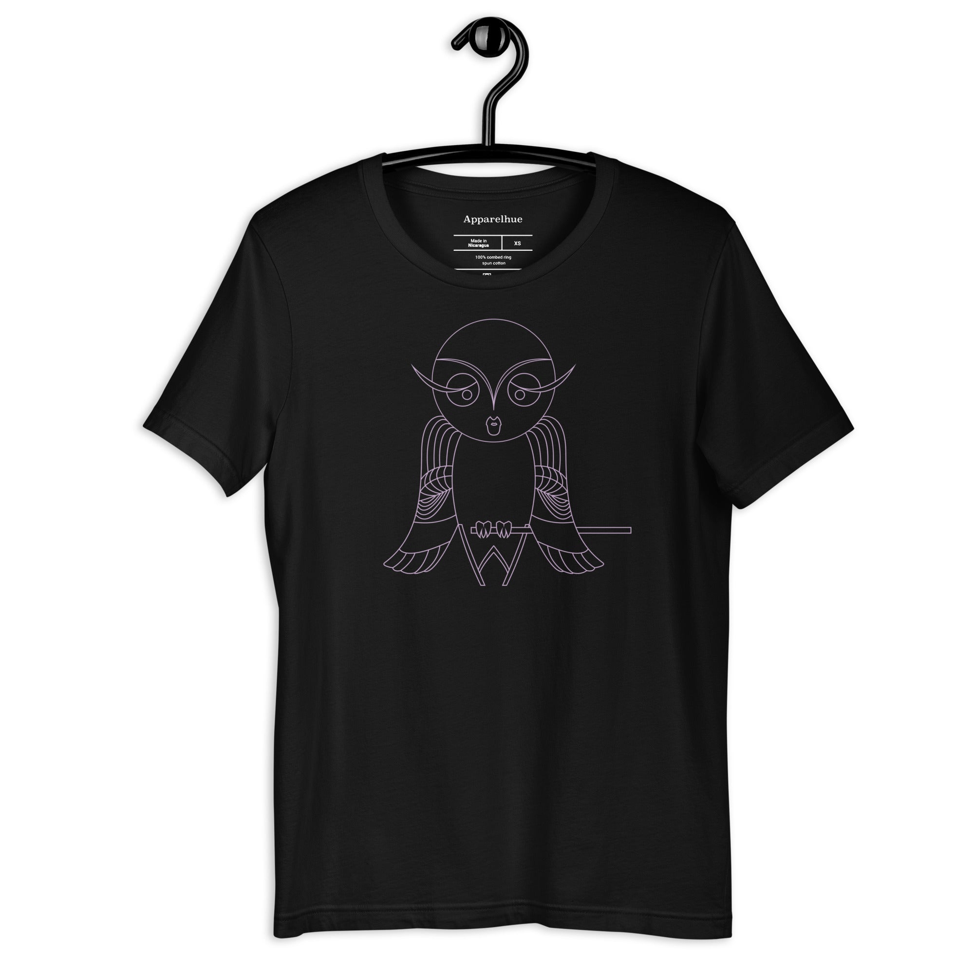 Purple ink detail on the white cotton owl graphic tee.