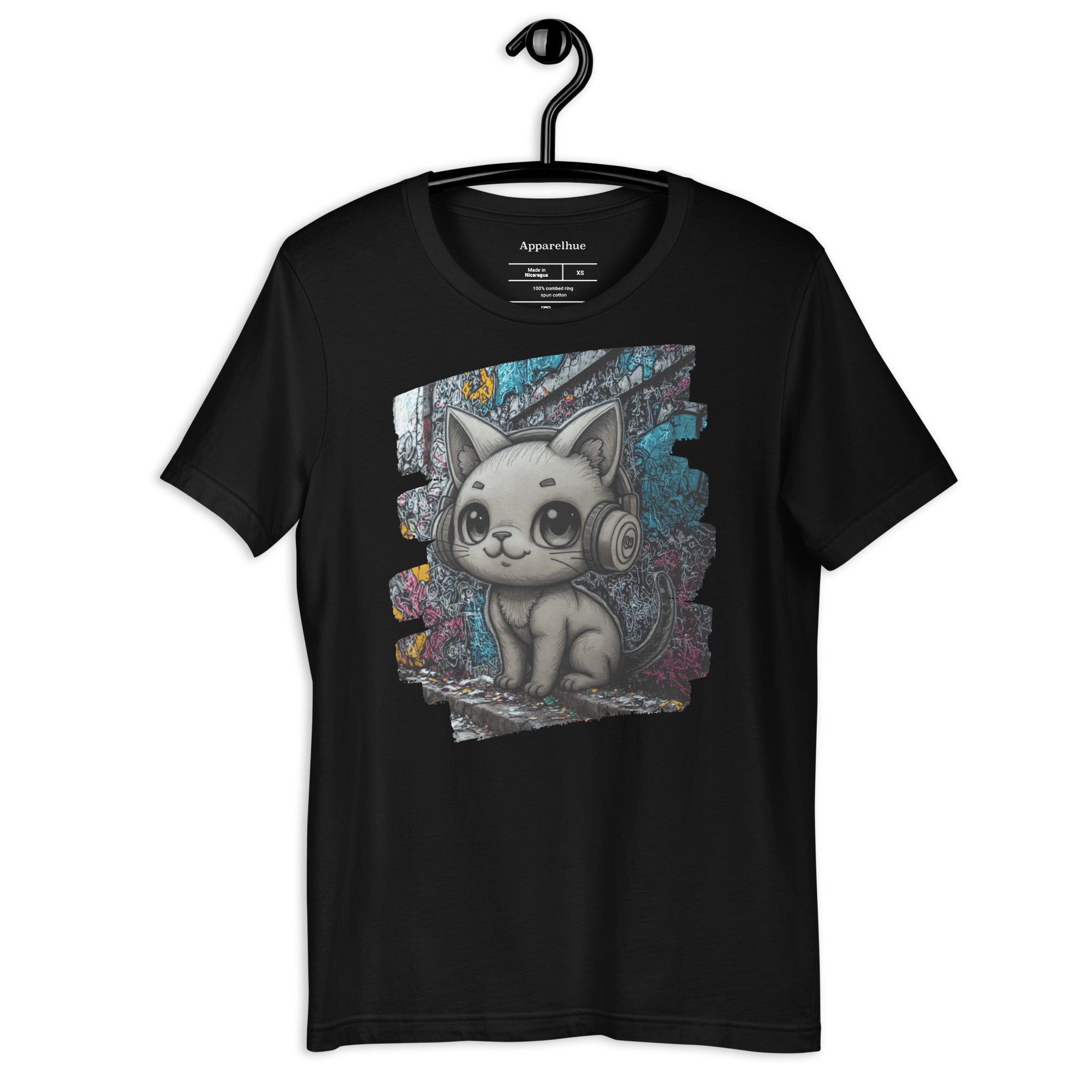 artistic cat headphones t-shirt black