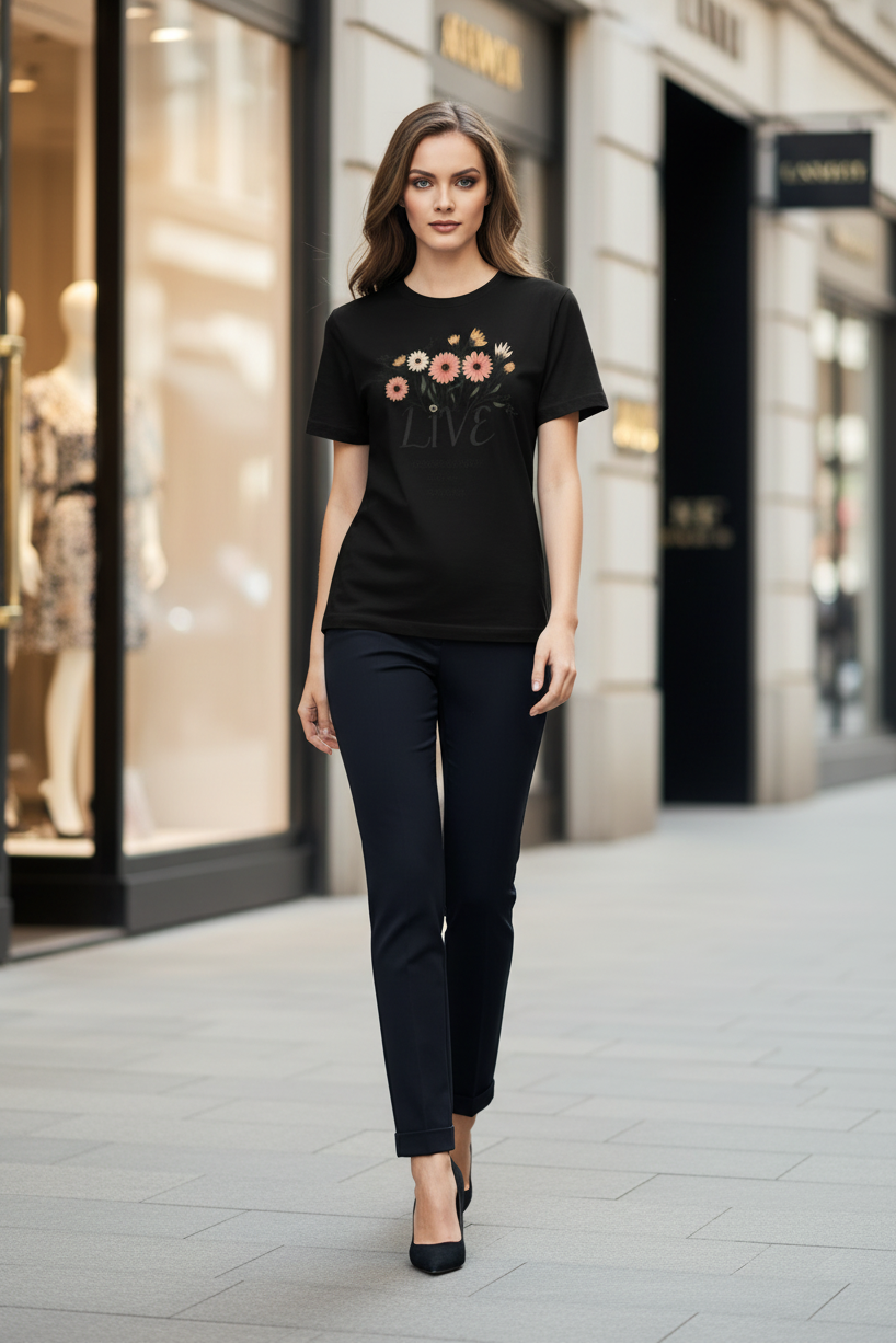 Woman wearing a black t-shirt with floral design and text, standing on a city street.