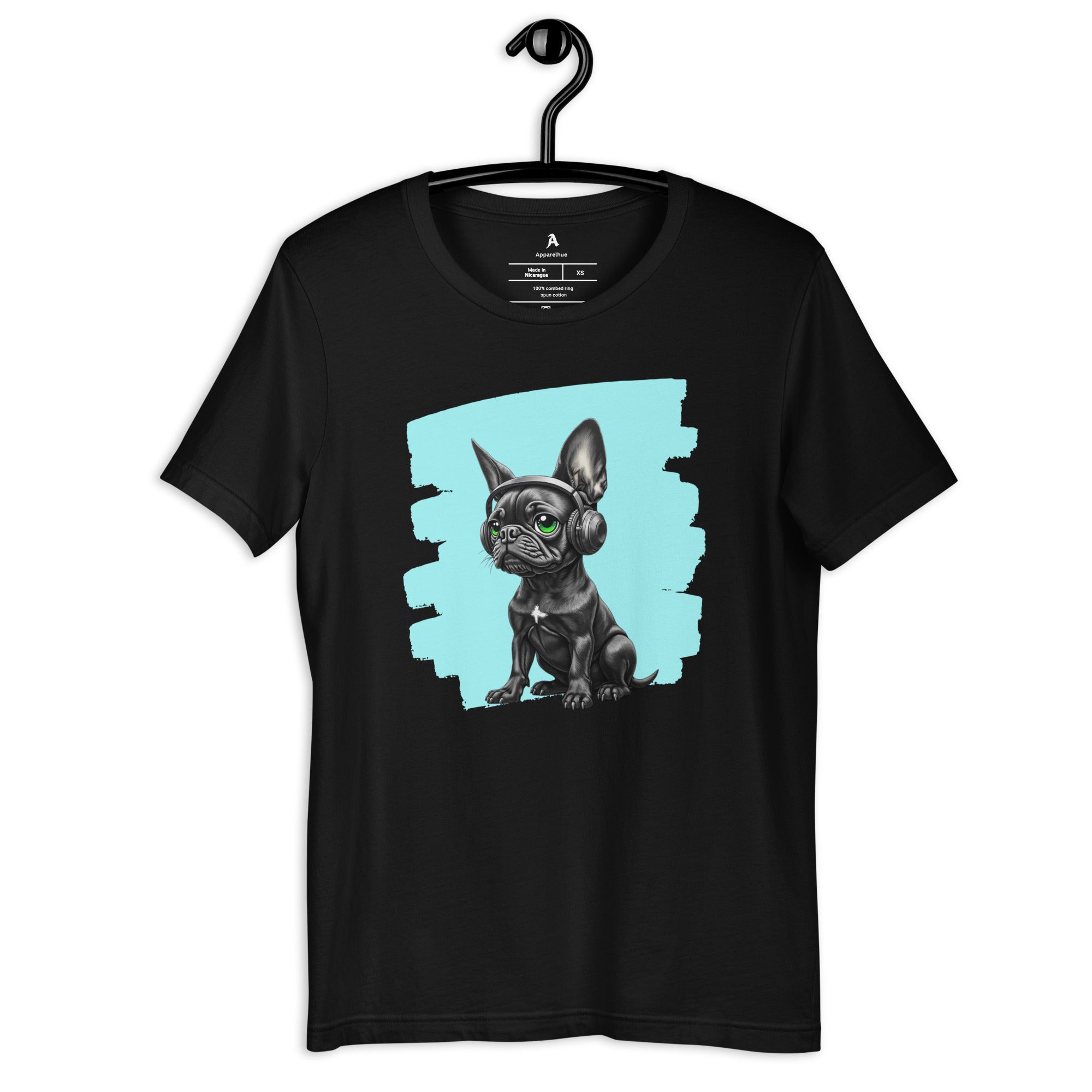 Close-up of a Frenchie dog with stylish blue and silver headphones print.