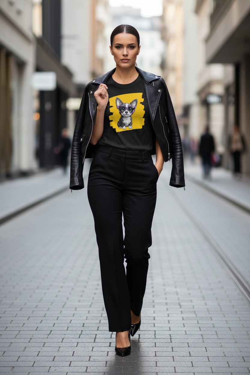 A woman walking down a city street wearing a black leather jacket, black trousers, and a black graphic T-shirt featuring a yellow square with a dog illustration.