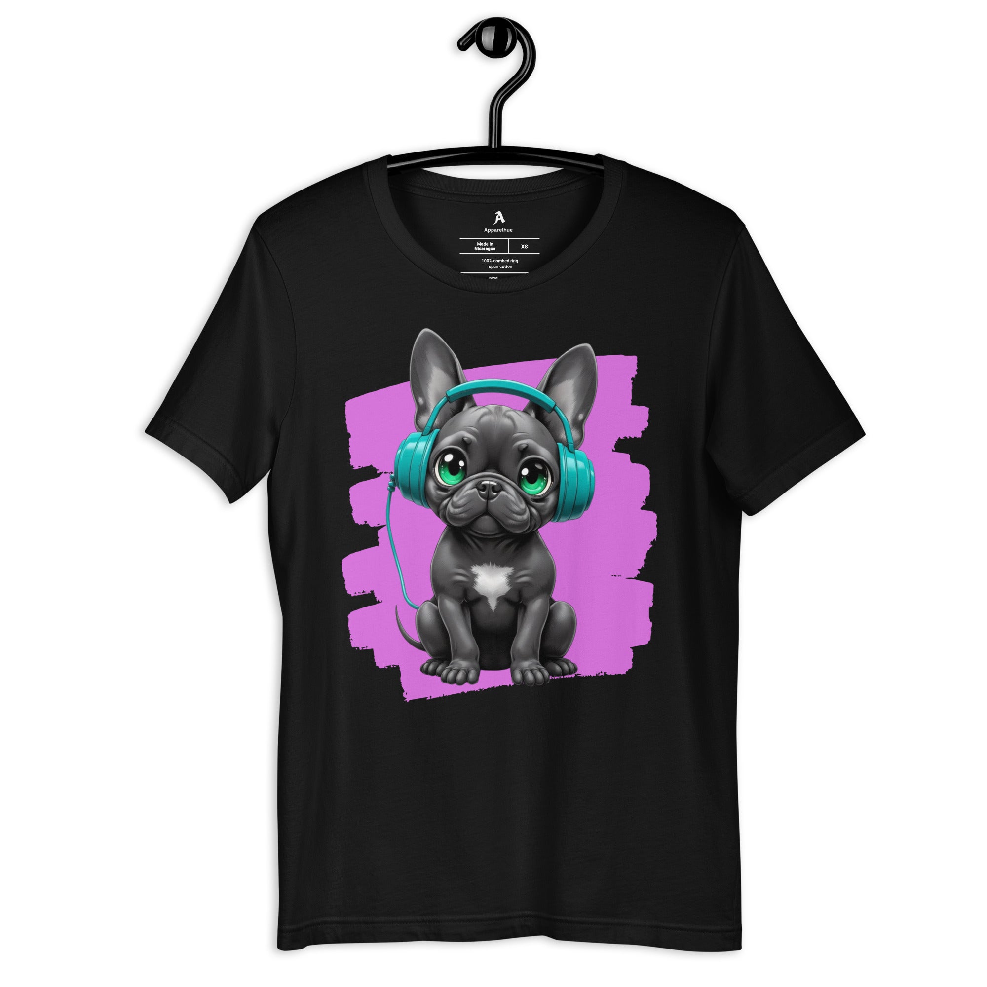 black French Bulldog wearing teal headphones on a white t-shirt.