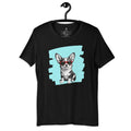 Black and white Corgi puppy wearing red sunglasses on a black t-shirt.