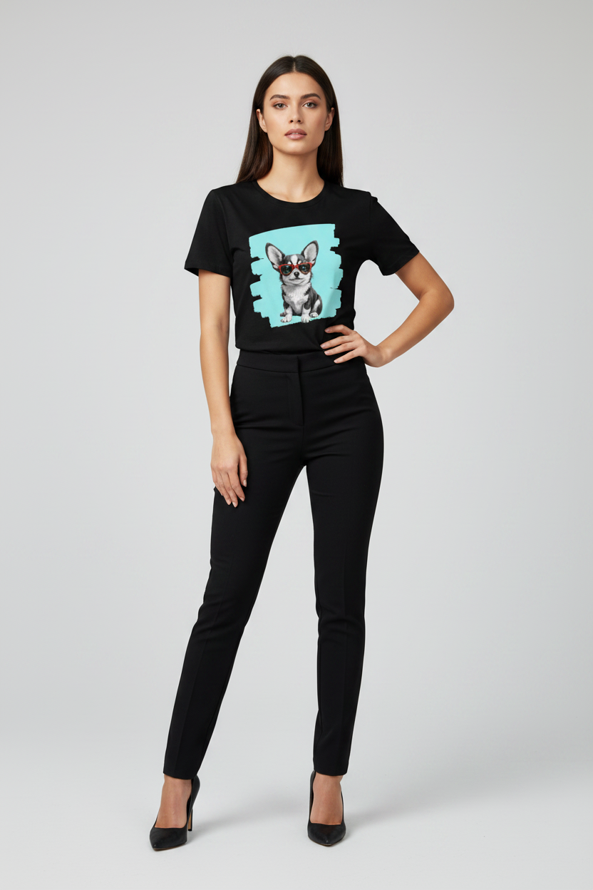 A woman modeling a black short-sleeve t-shirt with a graphic print of a dog on a light blue background, paired with black pants and black heels, against a light gray studio backdrop.