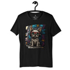 Close-up of a black Apparelhue T-shirt featuring a French Bulldog wearing red glasses and headphones with a graffiti background.