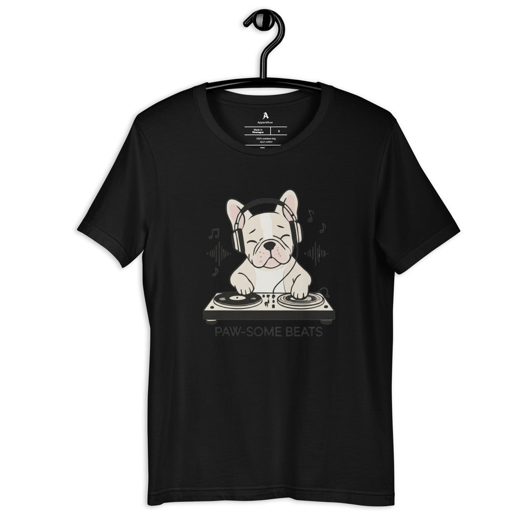 DJ French Bulldog wearing headphones on a black T-shirt.