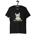 DJ French Bulldog wearing headphones on a black T-shirt.