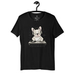DJ French Bulldog wearing headphones on a black T-shirt.