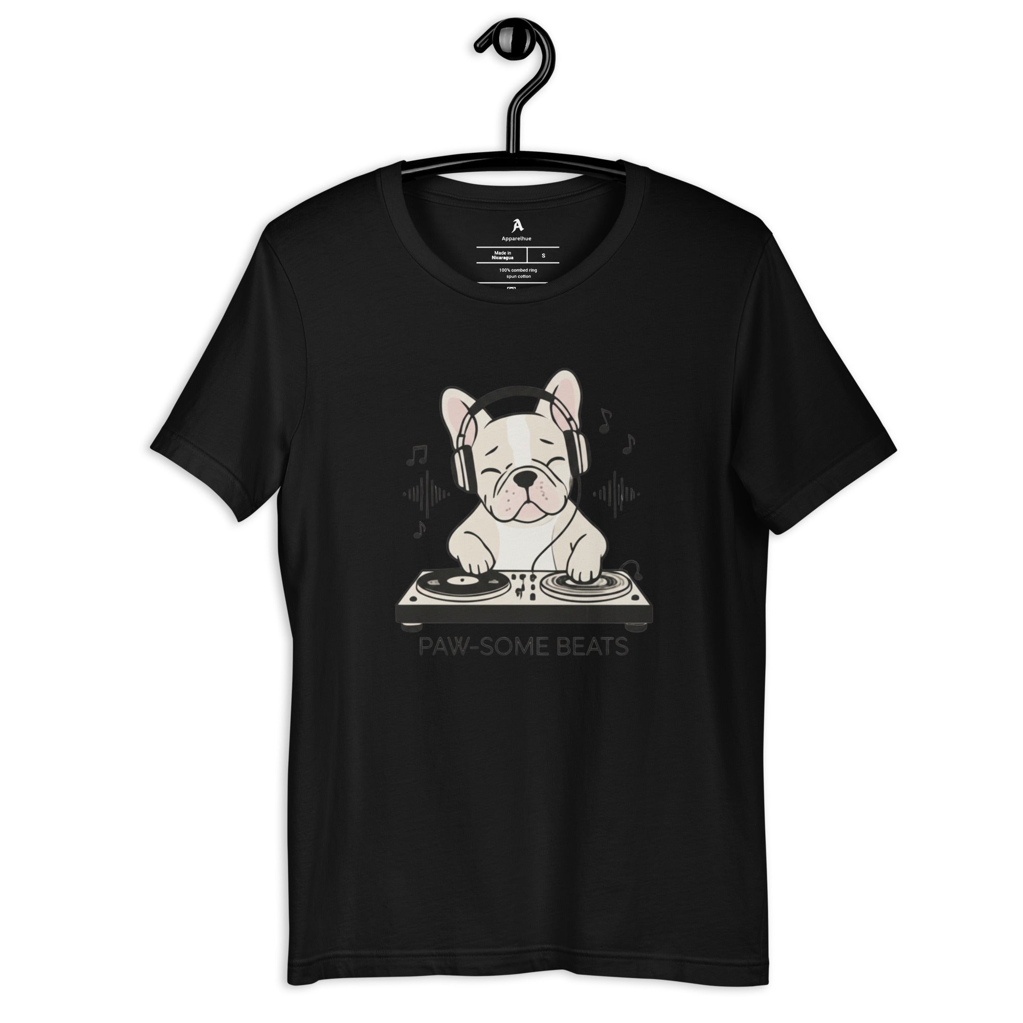 DJ French Bulldog wearing headphones on a black T-shirt.