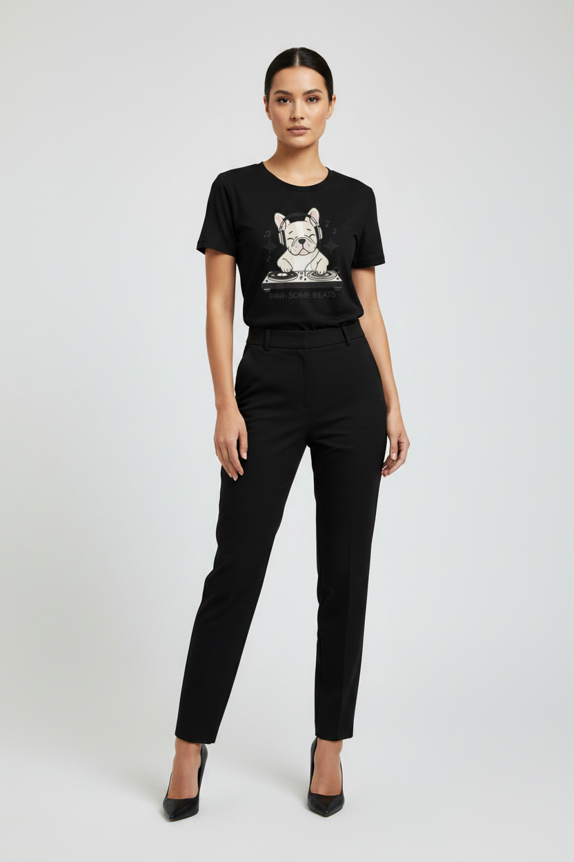 A woman modeling a black short-sleeve graphic T-shirt with a white French Bulldog print and black high-waisted trousers, standing against a light gray studio background.
