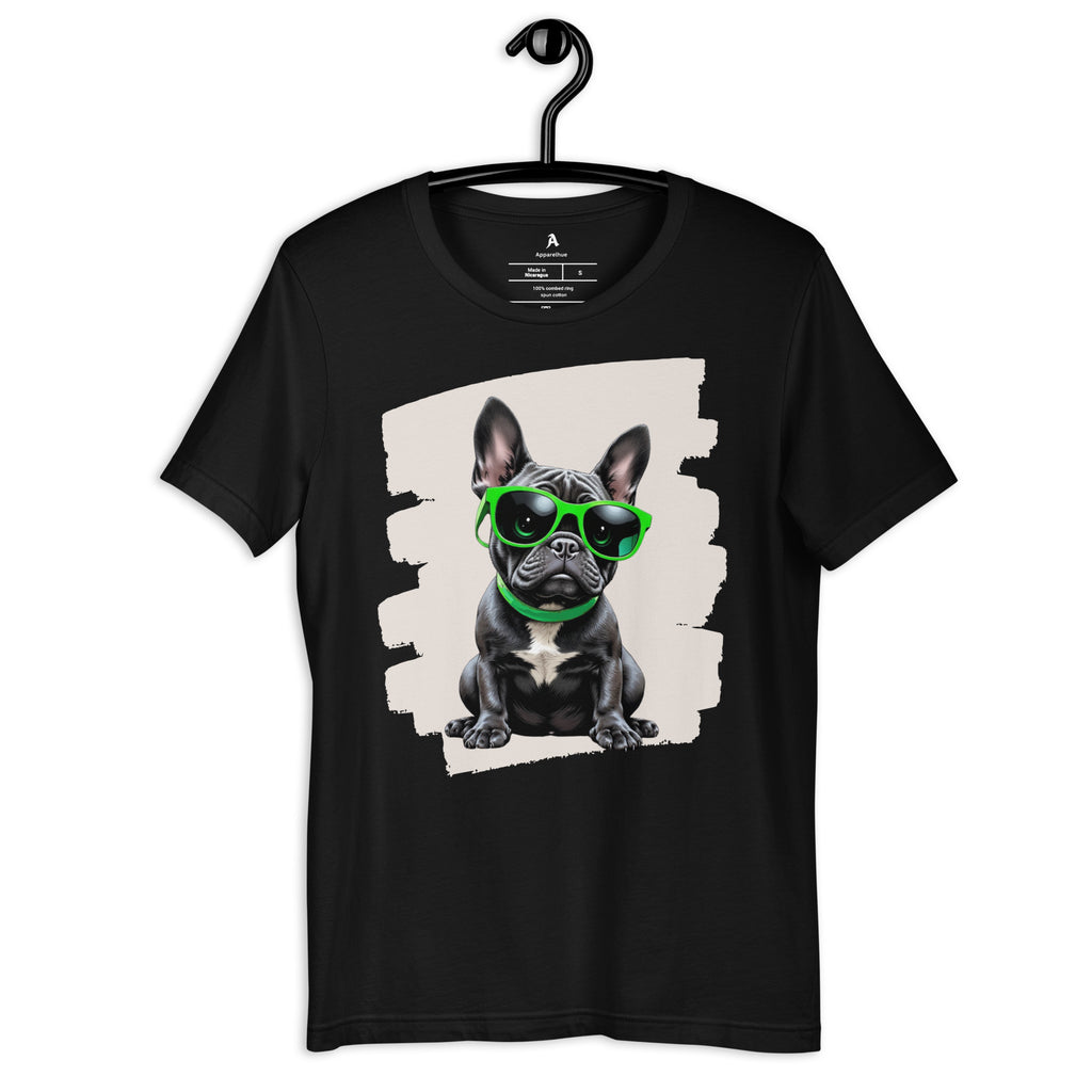Black French Bulldog wearing bright neon green sunglasses pop art illustration.