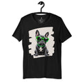 Black French Bulldog wearing bright neon green sunglasses pop art illustration.