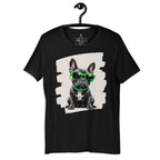 Black French Bulldog wearing bright neon green sunglasses pop art illustration.