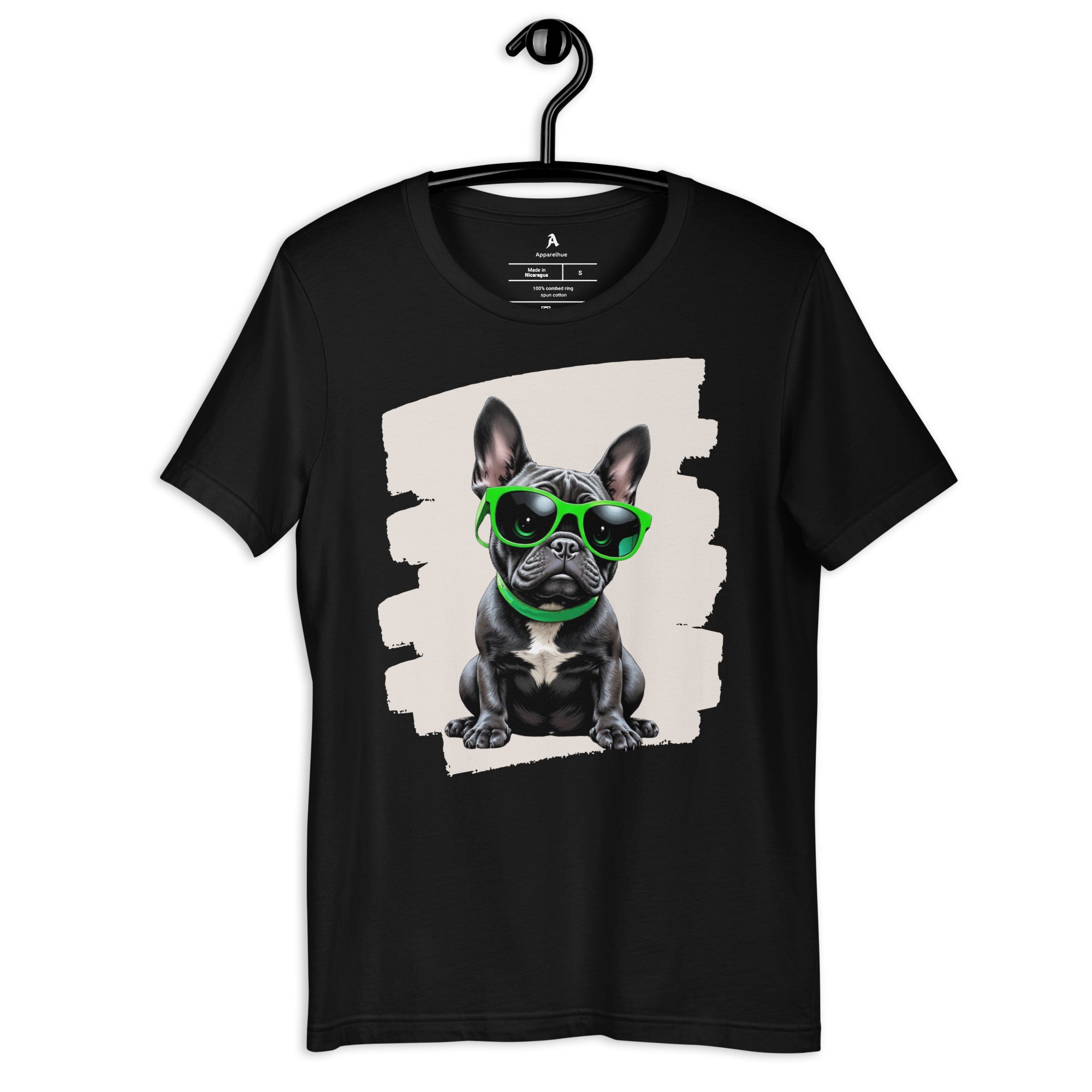 Black French Bulldog wearing bright neon green sunglasses pop art illustration.