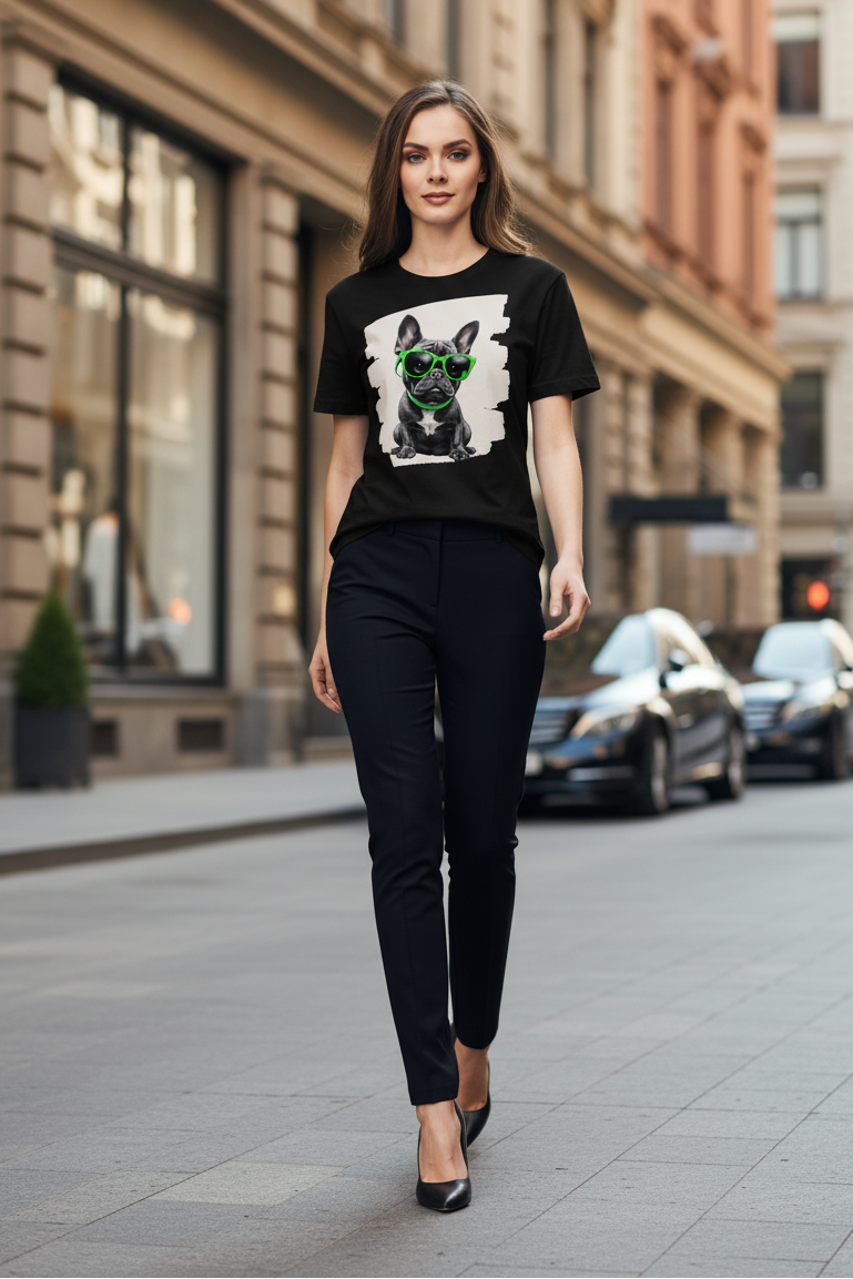 A woman walking down a city street wearing a black graphic t-shirt with a dog print, black pants, and black heels.