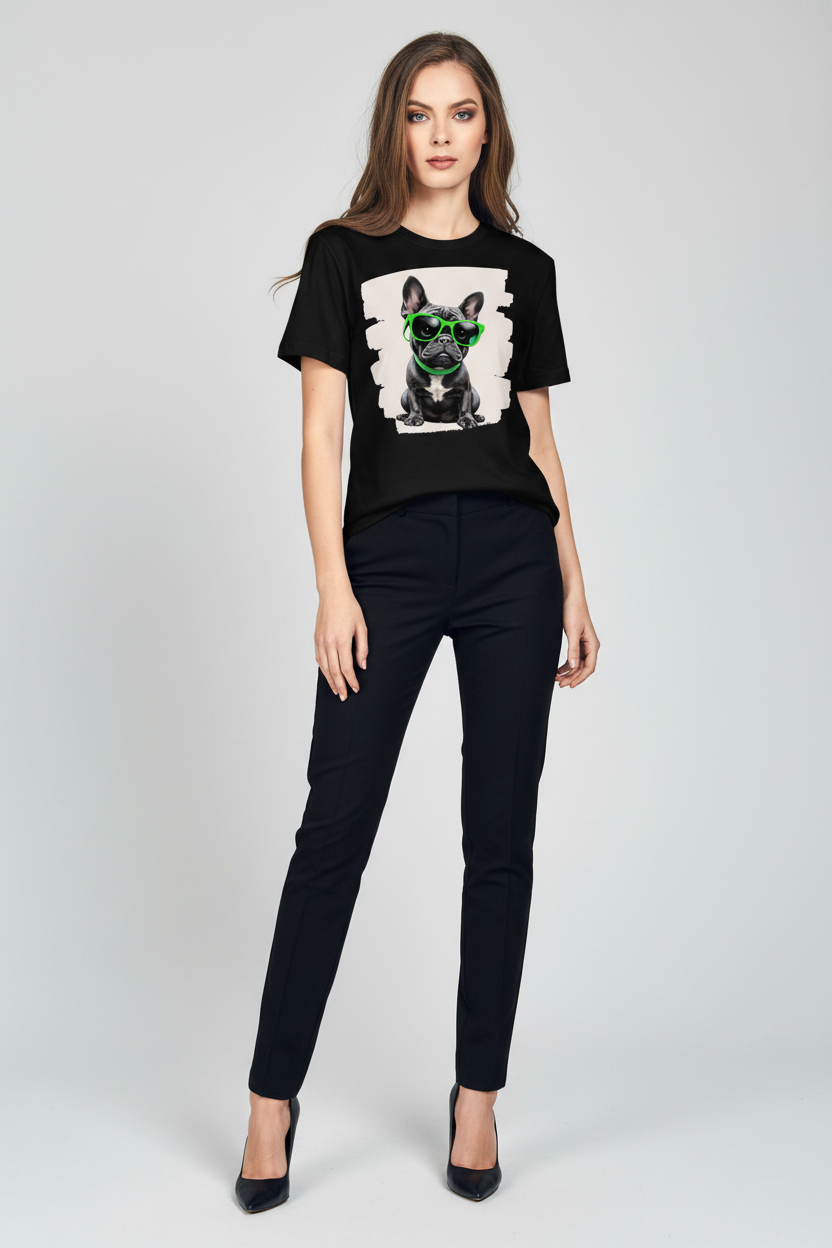 A woman modeling a black short-sleeve graphic T-shirt with a French bulldog wearing green sunglasses, paired with black pants and heels, against a light gray studio background.