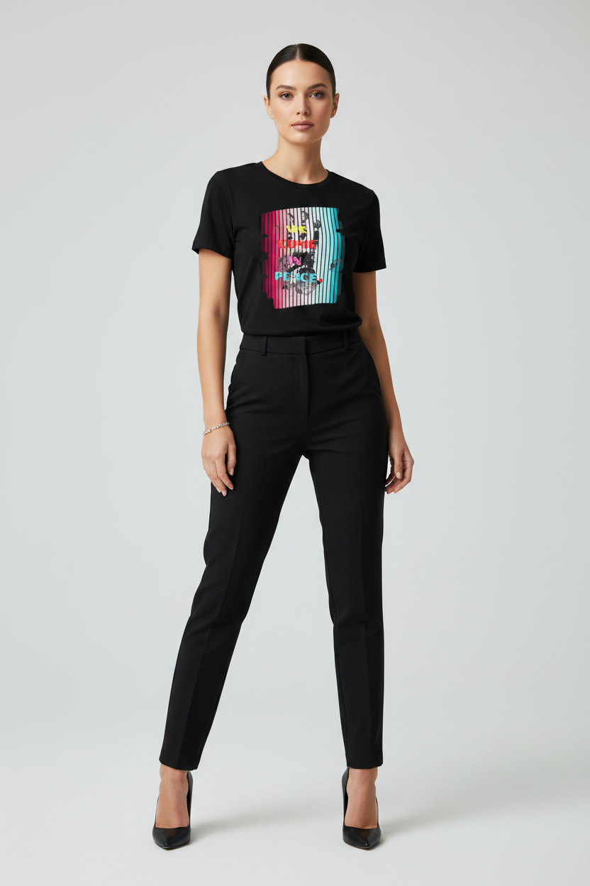 Woman wearing a black t-shirt with a colorful graphic and black pants on a white background