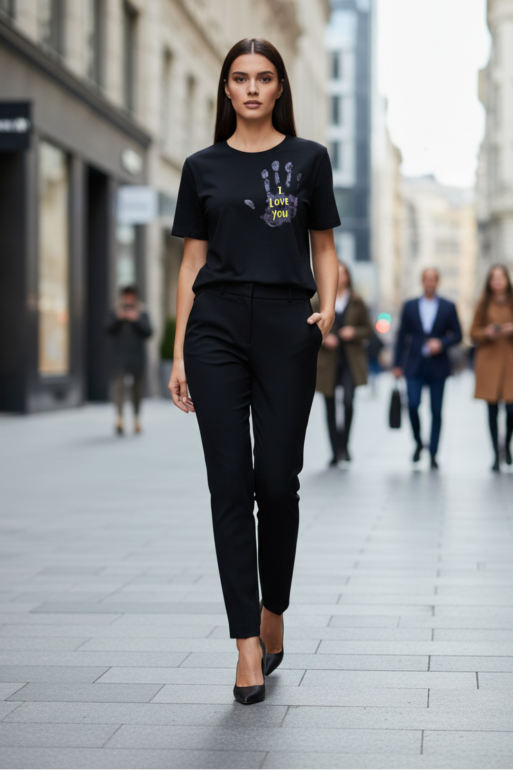 Woman in a black outfit walking on a city street