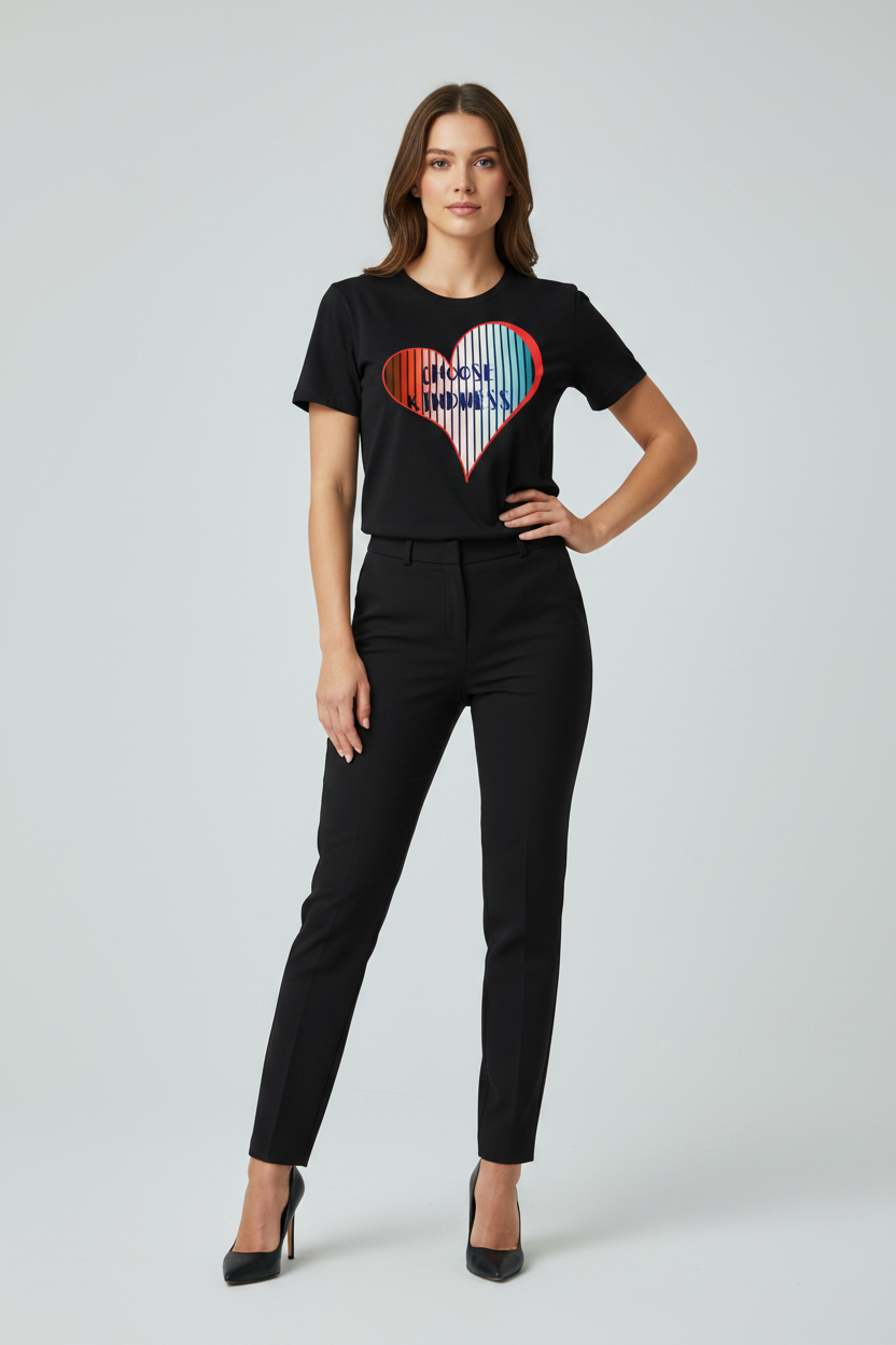Woman wearing a black t-shirt with a colorful heart design on a plain background