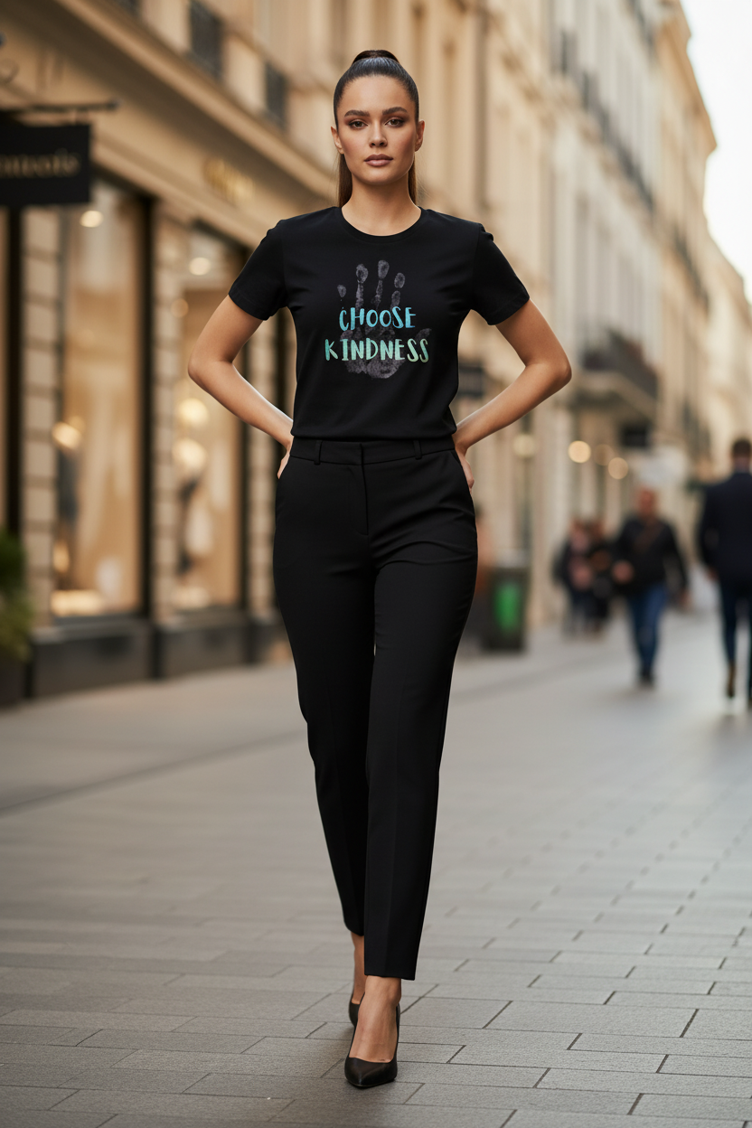 Woman wearing a black t-shirt with 'Choose Kindness' text on a city street.