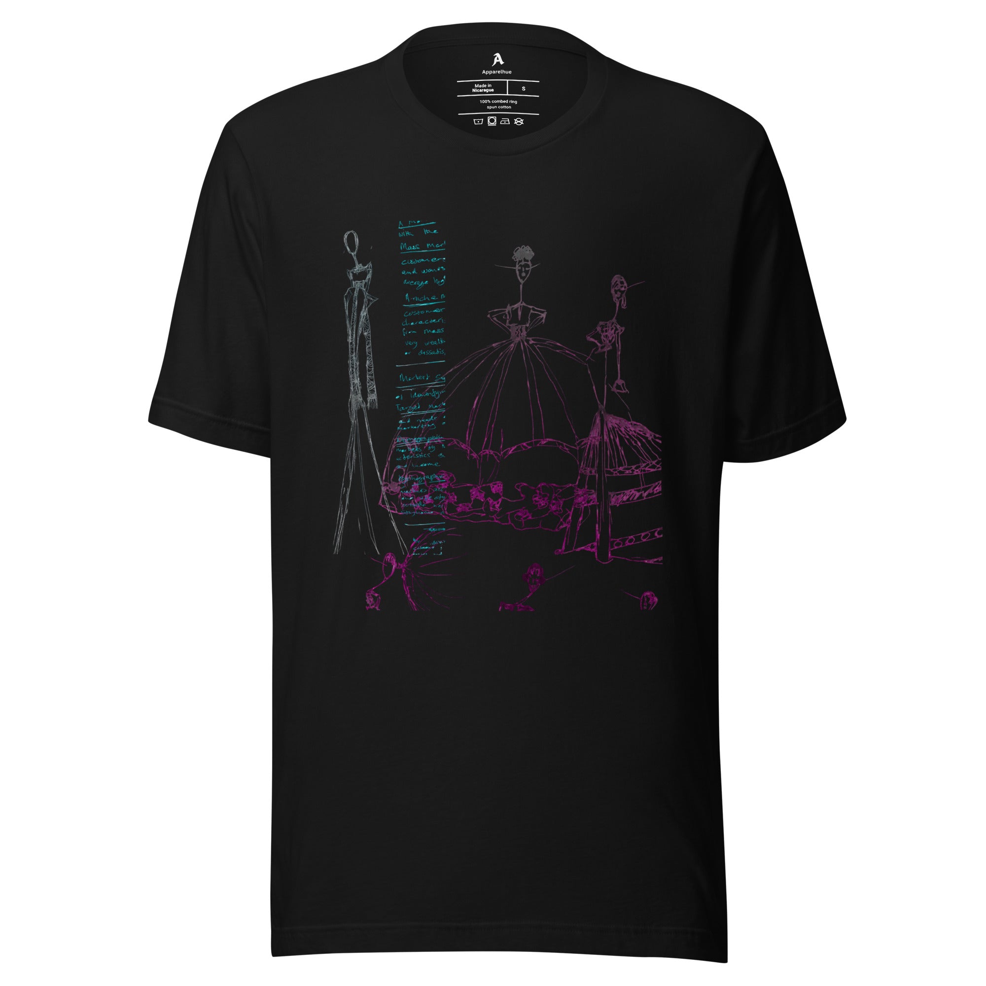 black t-shirt with detailed abstract drawing