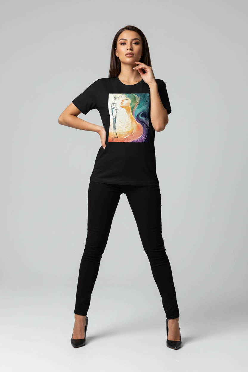 Woman wearing a black t-shirt with a colorful graphic design on a plain background