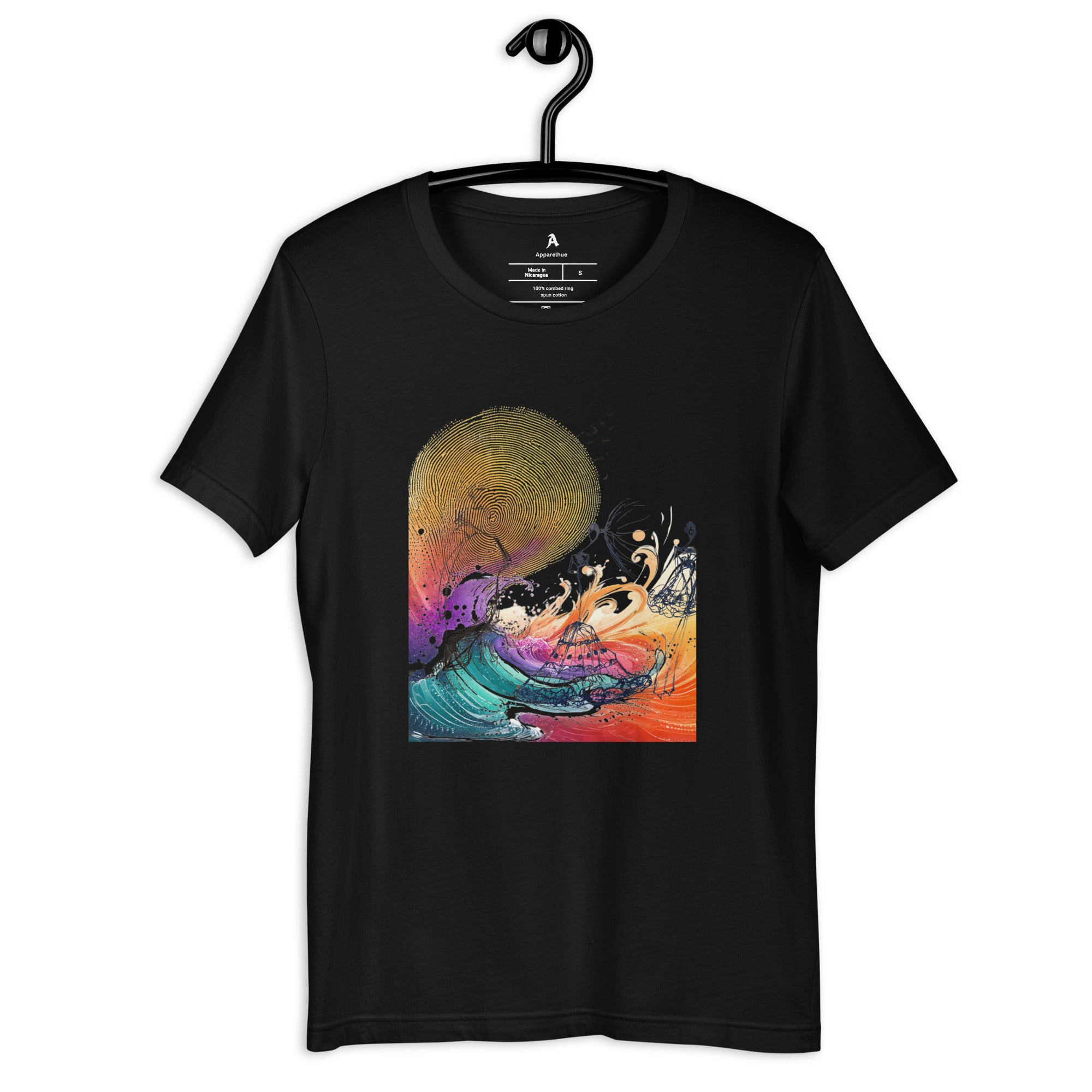 Artistic graphic tee showing dreamlike figures against a bright sun backdrop.