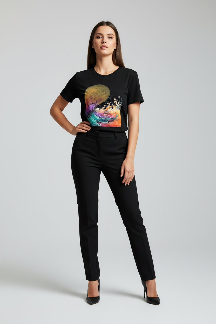 Woman wearing a black t-shirt with a colorful graphic design on a plain background