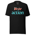 short-sleeved t-shirt with a symbolic 'distraction vs action' themed graphic on the chest.