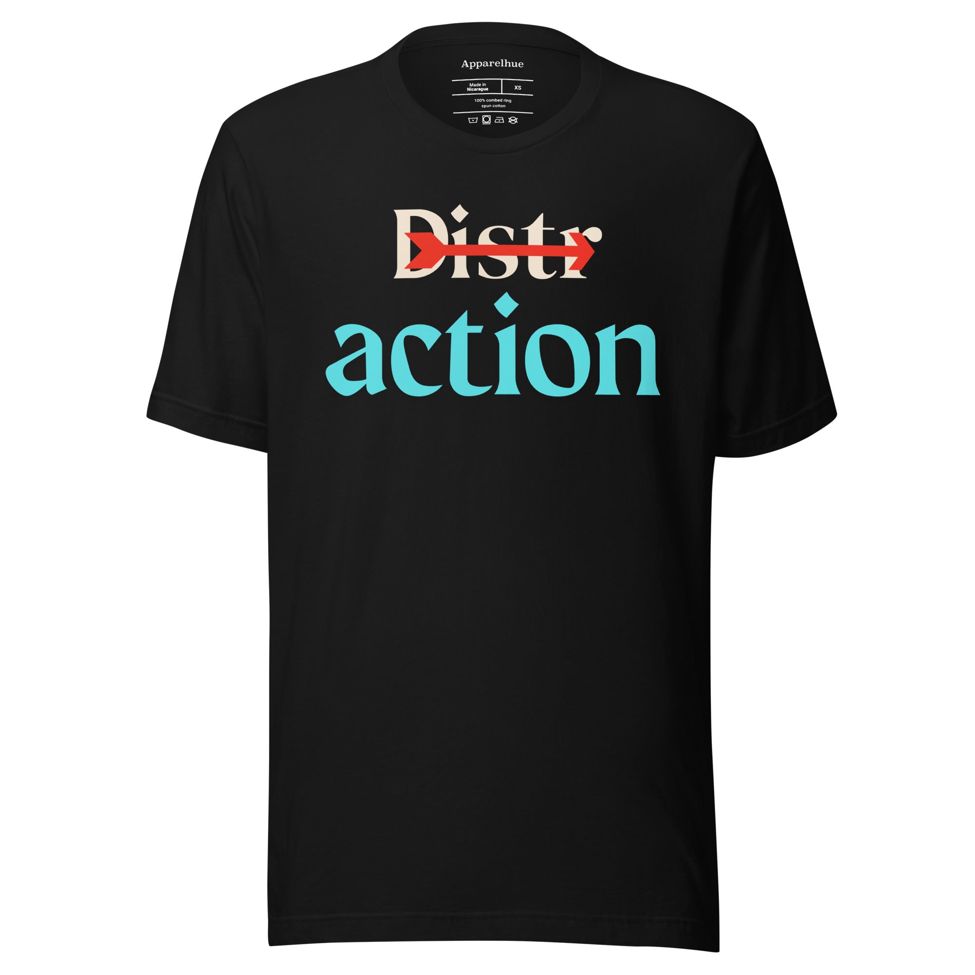 short-sleeved t-shirt with a symbolic 'distraction vs action' themed graphic on the chest.