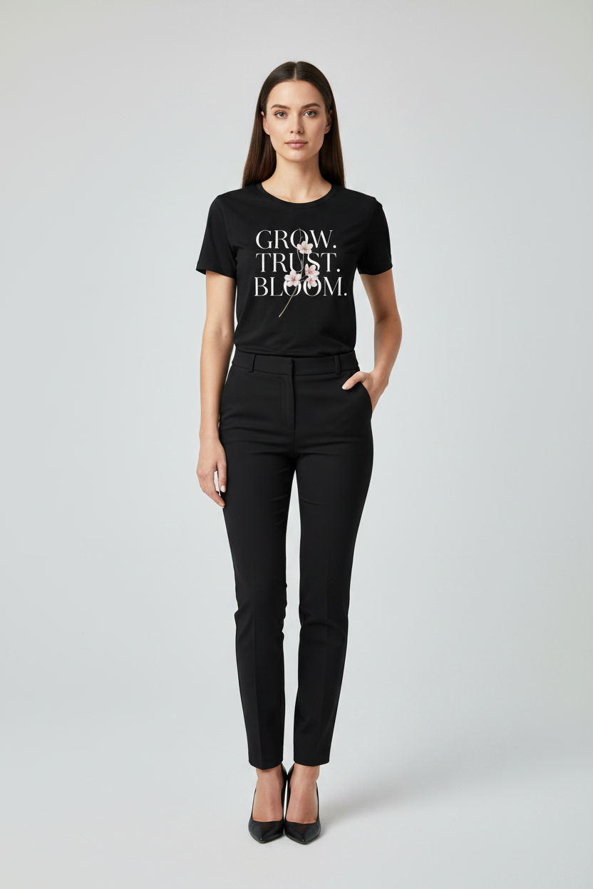 Woman wearing a black t-shirt with text and black pants on a white background