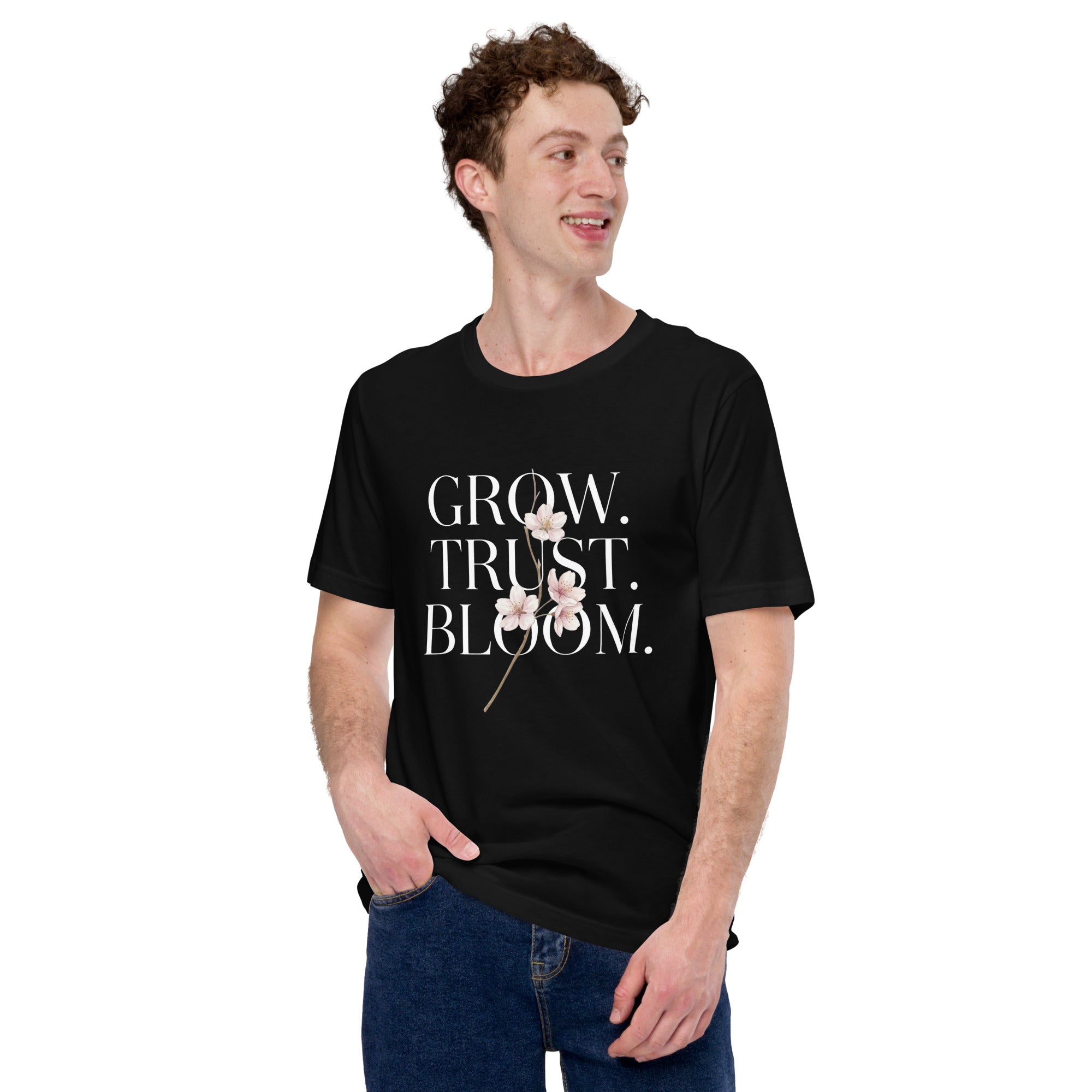 Soft breathable cotton Grow Trust Bloom tee fabric texture