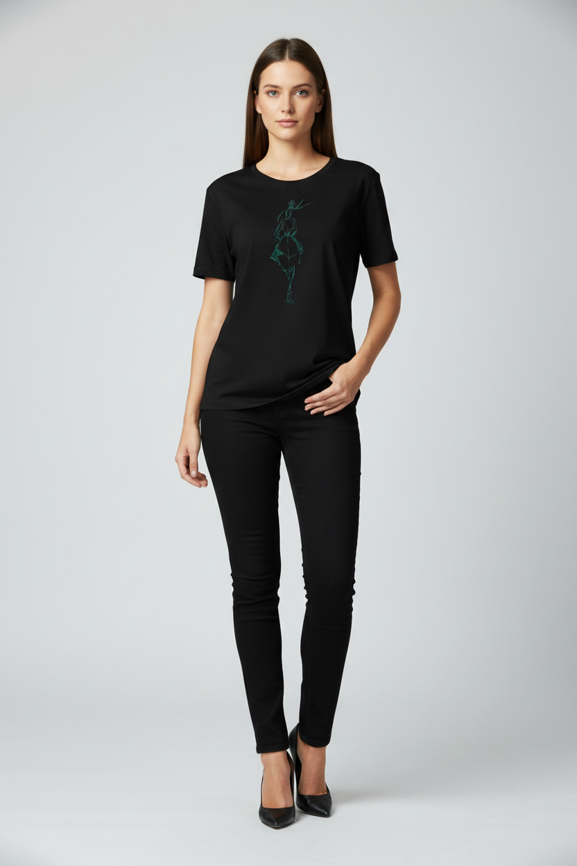 Woman wearing a black t-shirt with a green graphic and black pants on a white background