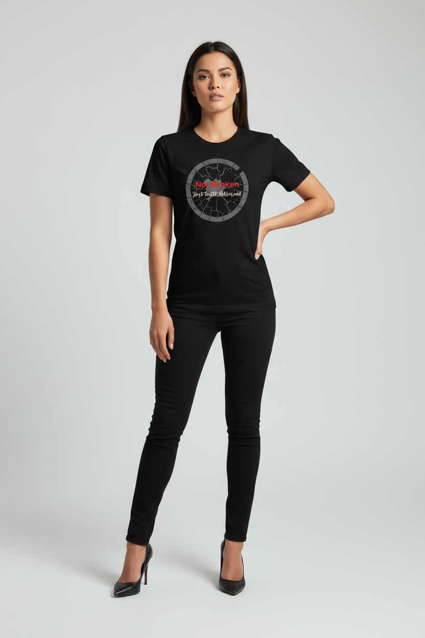 Woman wearing a black t-shirt with a logo on a white background