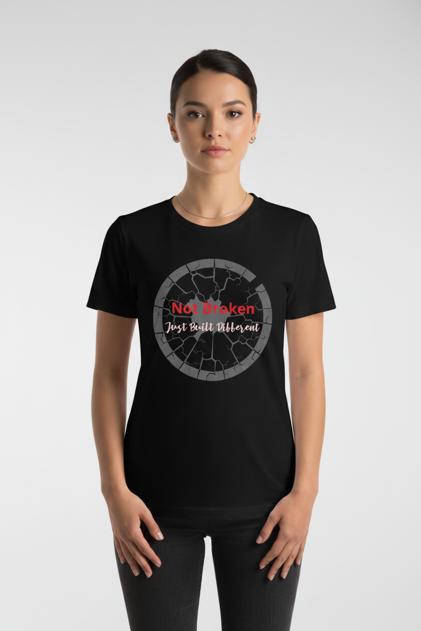 Person wearing a black t-shirt with a graphic design and text on a white background