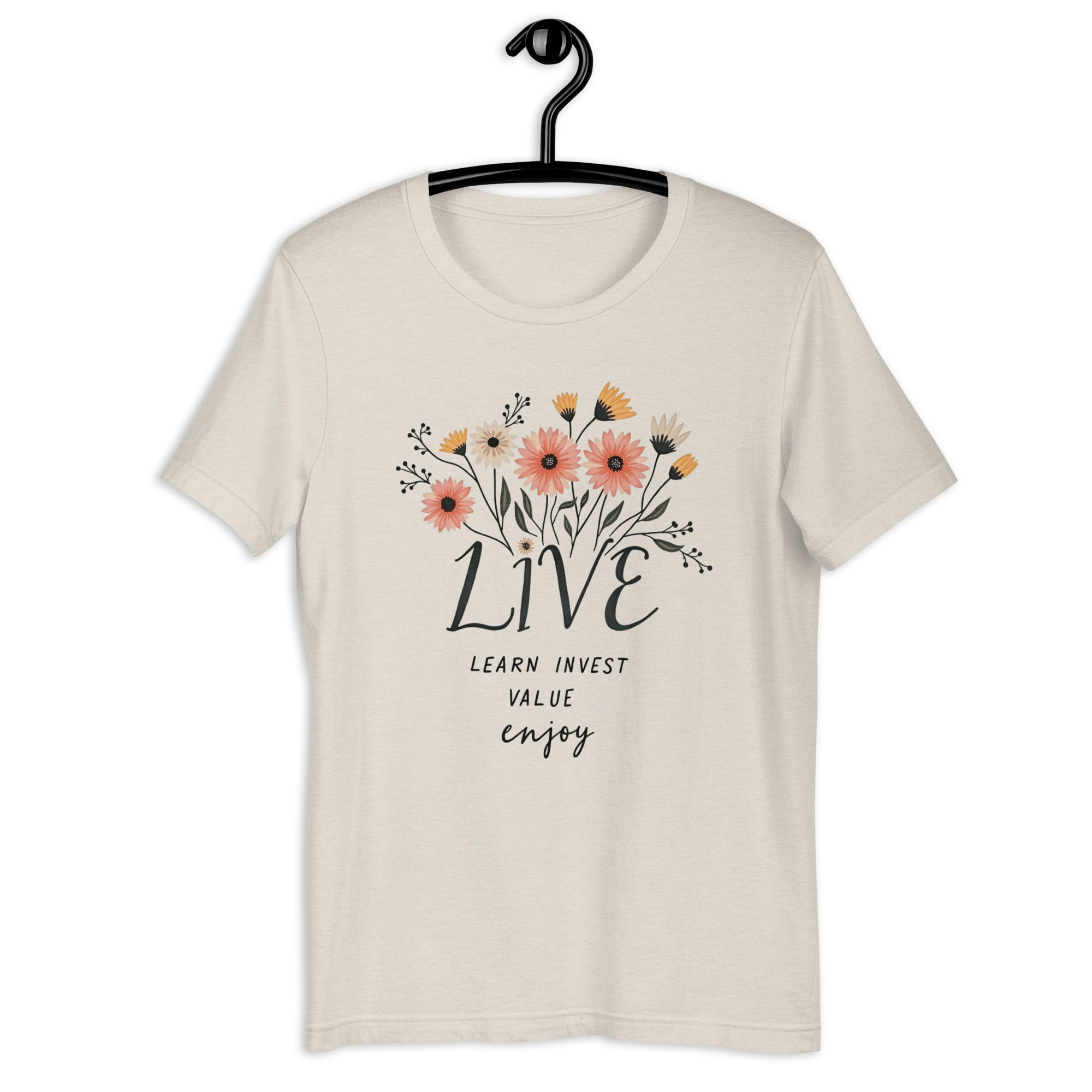 Soft breathable cotton LIVE Learn Invest Value Enjoy tee flat