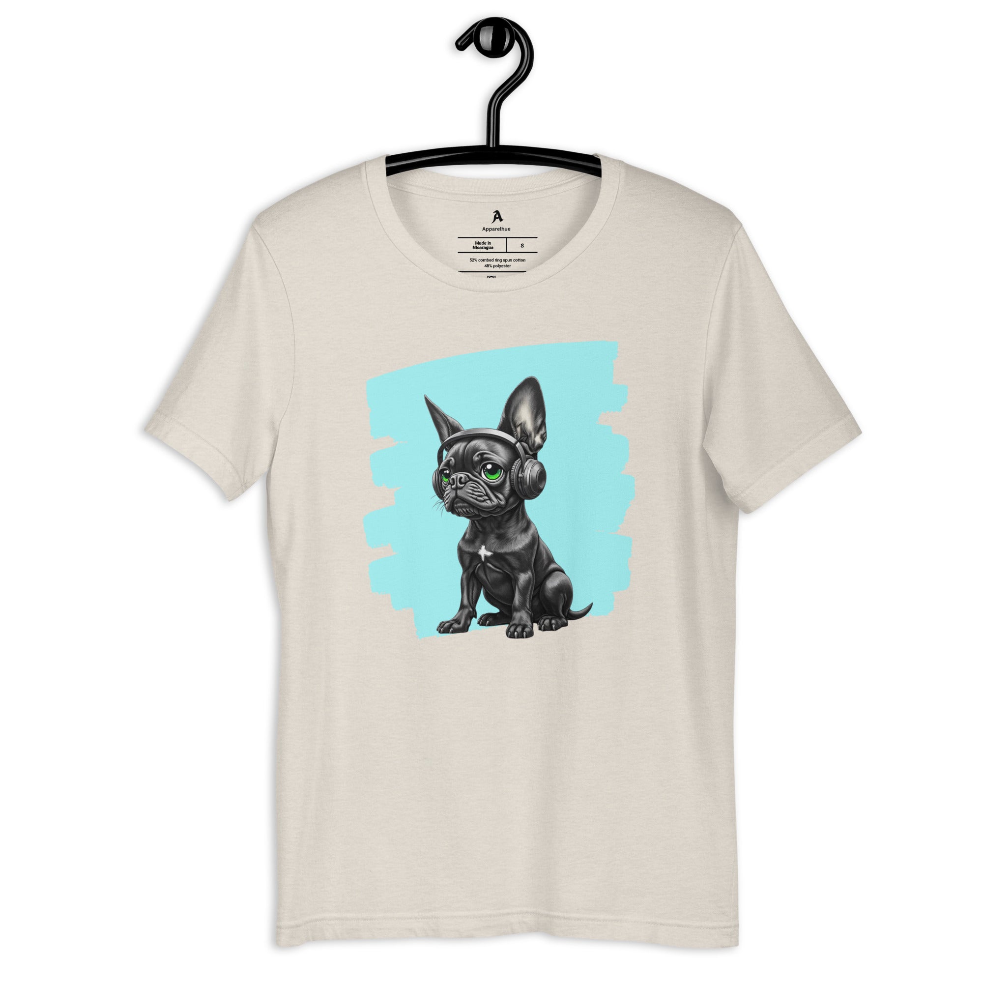 Stylish Frenchie dog wearing over-ear headphones streetwear aesthetic.