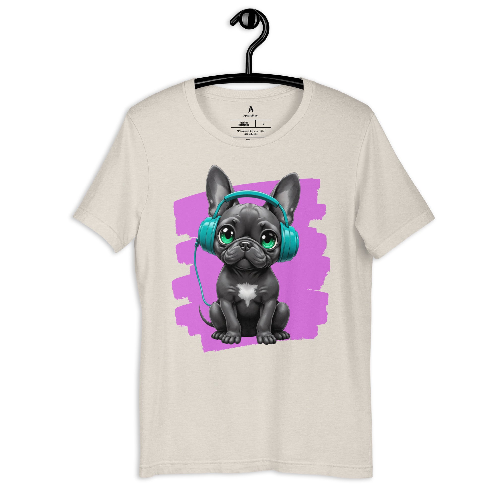 Front view of a white t-shirt featuring a black puppy with teal headphones.