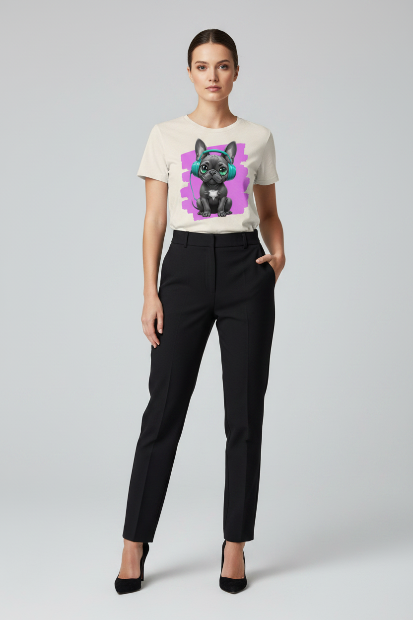 Woman wearing a white t-shirt with a graphic of a dog and black pants on a light gray background