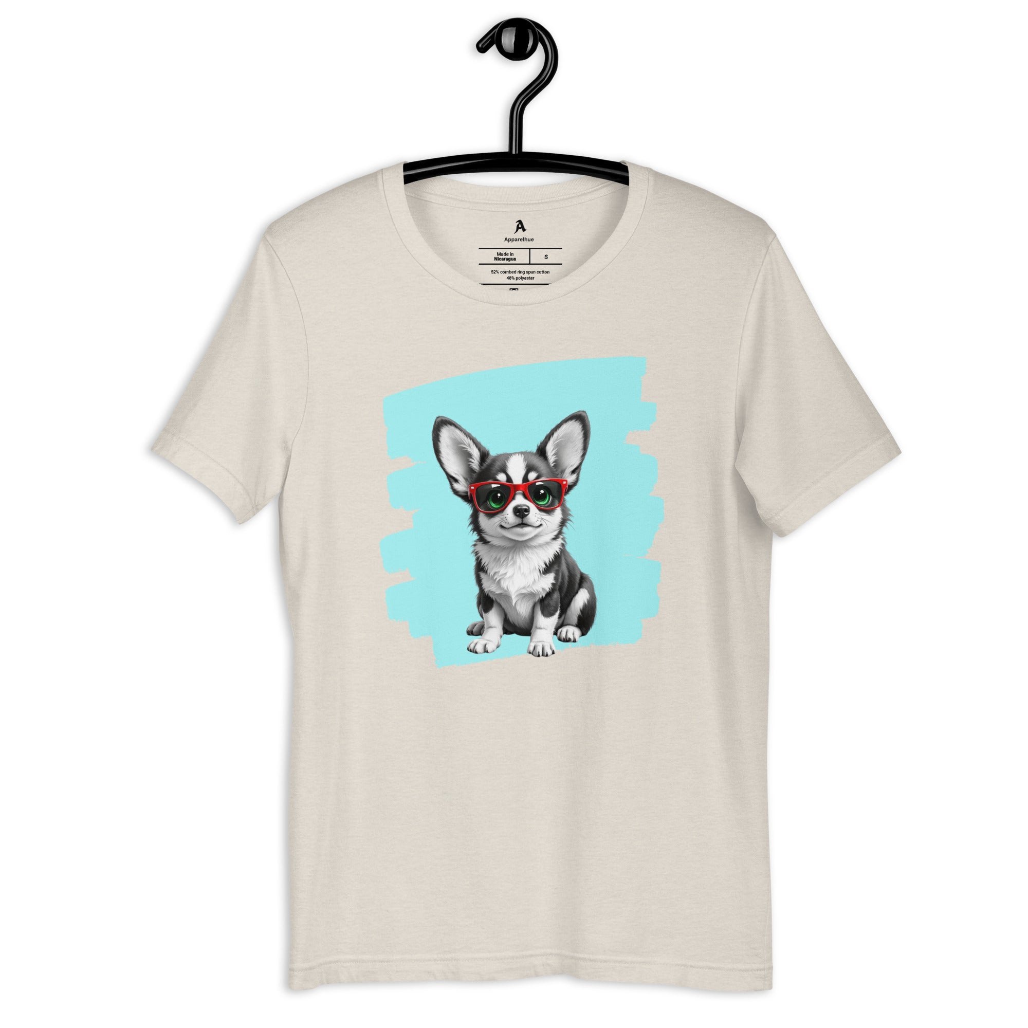 Modern black tee with a colourful Corgi in red shades.